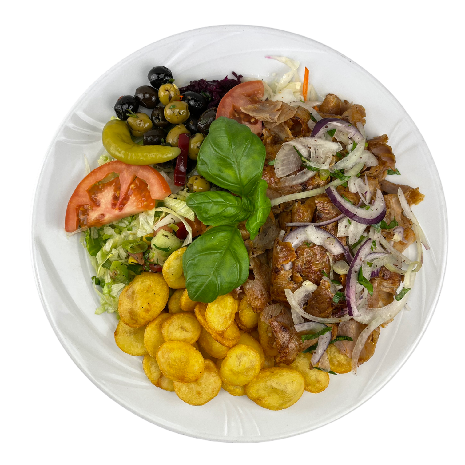 Drehspieß Teller mit Putenfleisch, Knoblauchkartoffeln, Salat und Soße